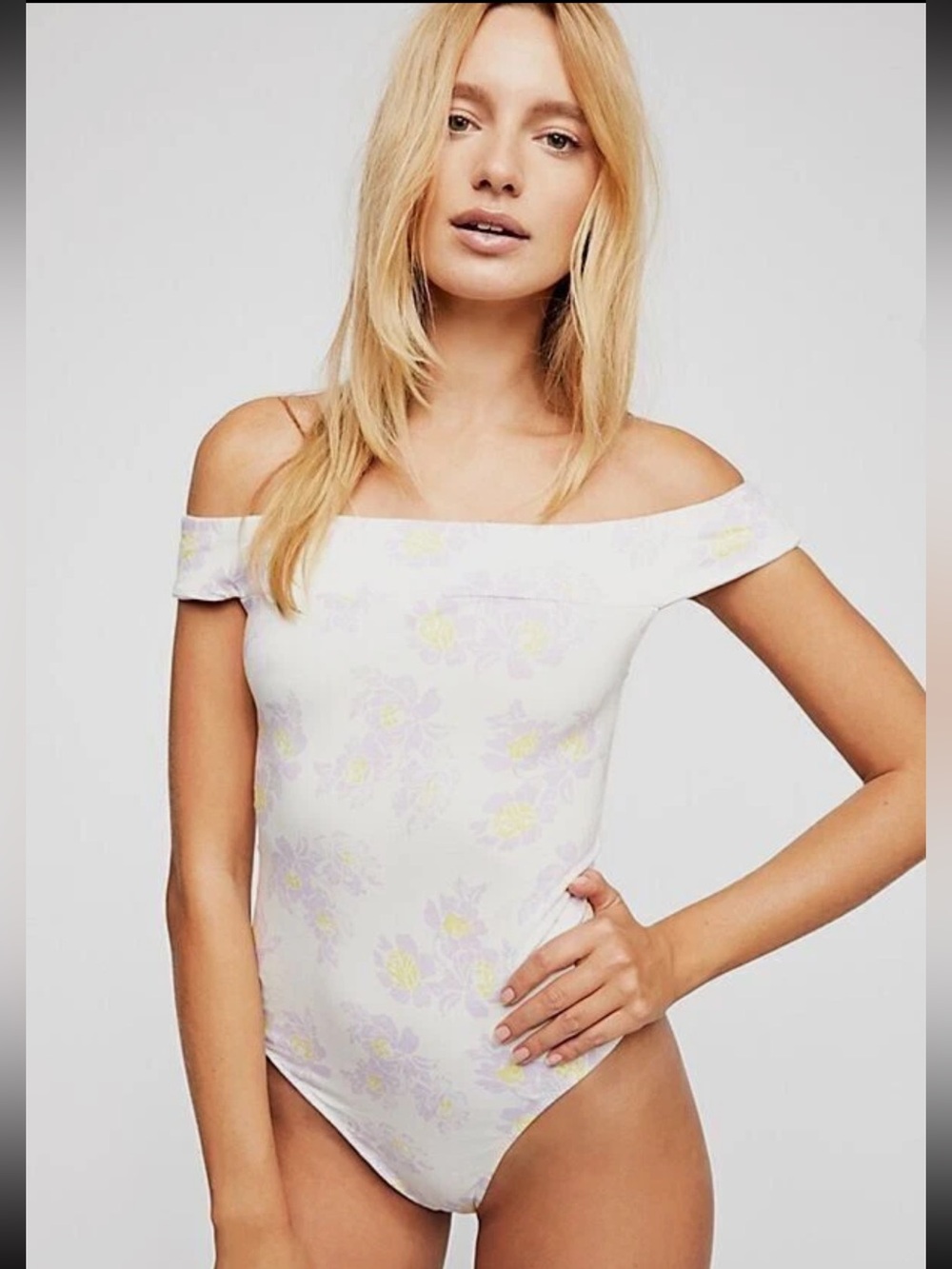 NWT Free People Intimately Off Shoulder Floral Bodysuit Ivory Purple Medium